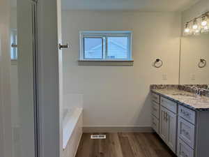 Primary bathroom with vanity, dark wood-style flooring, and a garden tub