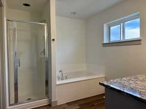 Primary bathroom featuring vanity, a shower stall, a garden tub, and dark wood-type flooring