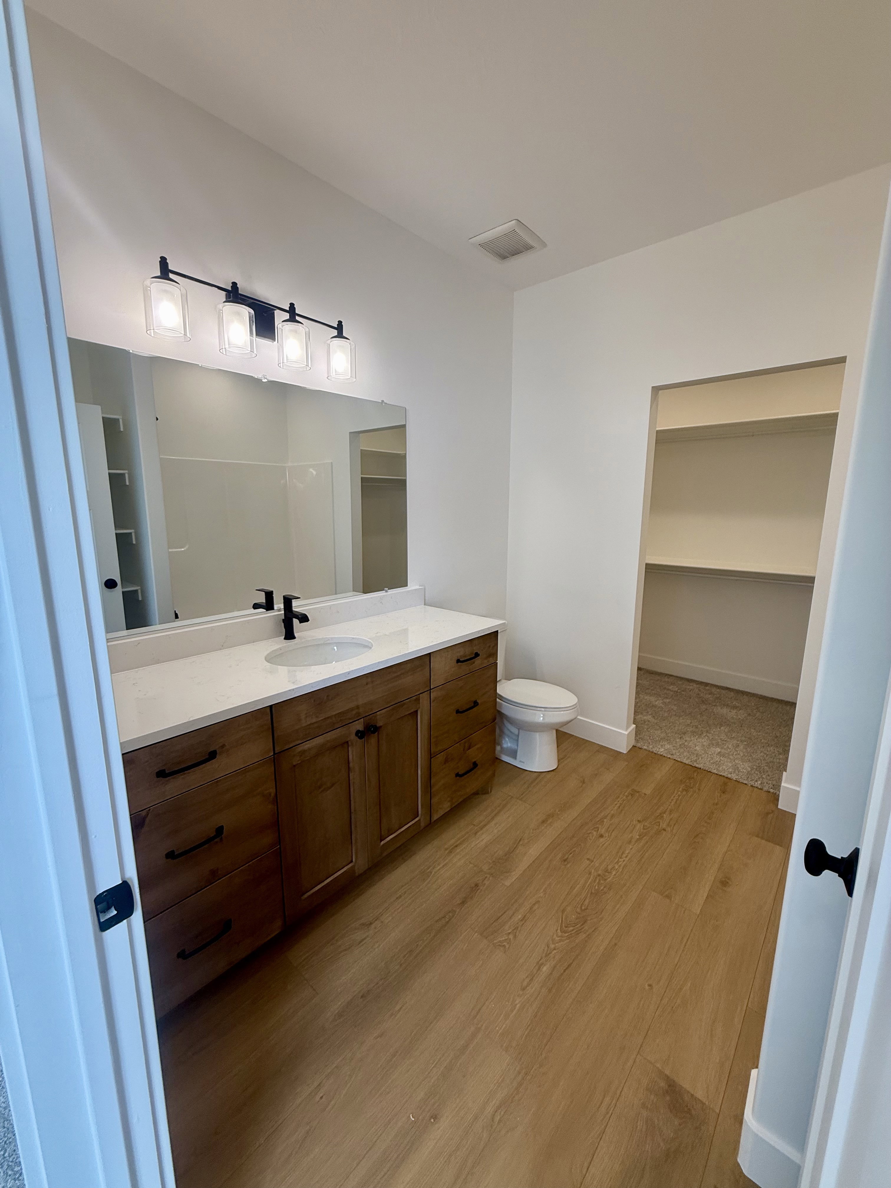 Master bathroom with a walk in closet, vanity, and light wood-style flooring