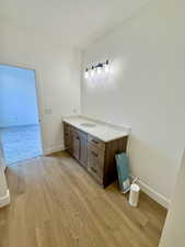 Master bathroom with vanity and light wood-type flooring