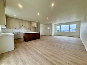 Kitchen featuring a center island, recessed lighting, light wood-type flooring, and open floor plan