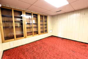 Carpeted spare room featuring a drop ceiling and wood walls