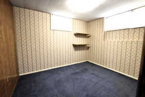 Empty room featuring dark colored carpet