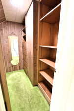 Walk in closet featuring carpet flooring, lofted ceiling, and arched walkways