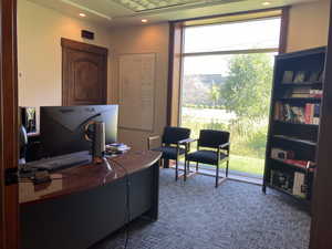 Carpeted office with recessed lighting