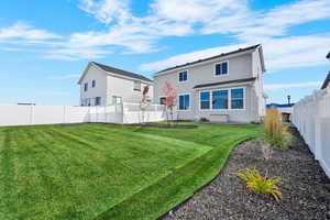 Rear view of house featuring a fenced backyard and stucco siding