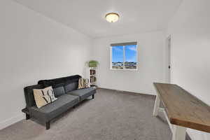 Sitting room featuring carpet and baseboards