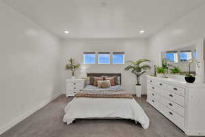 Bedroom featuring carpet, multiple windows, and recessed lighting