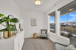 Living area with light carpet and a water view