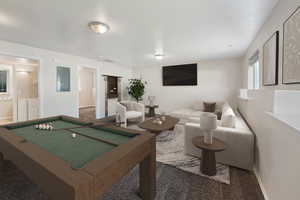 Rec room featuring carpet floors, electric panel, and billiards