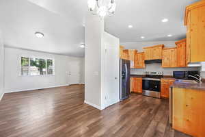 Kitchen with stainless steel appliances, dark wood-style floors, recessed lighting, a chandelier, and open floor plan