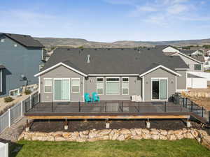 Rear view of house with a deck with mountain view, roof with shingles, and a fenced backyard