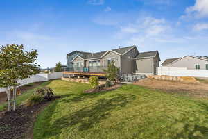 Rear view of property with a fenced backyard and a wooden deck