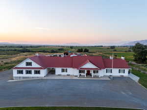 Aerial view at dusk of a rural view and a mountain view
