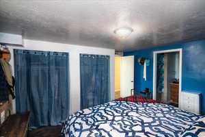 Bedroom featuring a textured ceiling, two closets, and carpet flooring