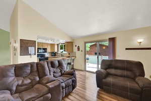 Living room featuring high vaulted ceiling.