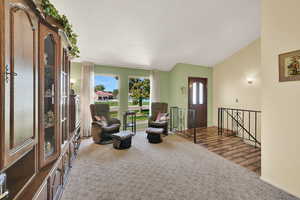 Living area with carpet flooring