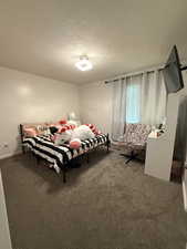 Bedroom with carpet and a textured ceiling