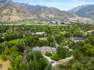 Aerial overview of property's location featuring mountains and a tree filled landscape