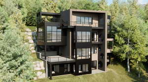 Rendering of rear view of property featuring a balcony and a yard