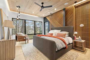 Bedroom featuring wooden ceiling, recessed lighting, light wood finished floors, and a ceiling fan