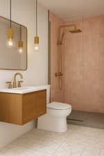 Bathroom featuring vanity, a stall shower, and light tile patterned floors