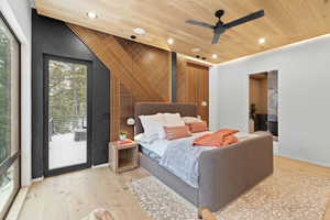 Bedroom with light wood finished floors, wooden ceiling, access to outside, recessed lighting, and a ceiling fan