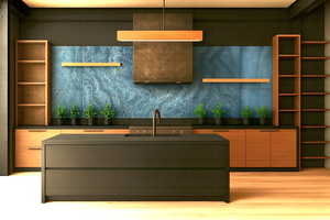 Kitchen with open shelves, modern cabinets, an island with sink, light wood-type flooring, and hanging light fixtures
