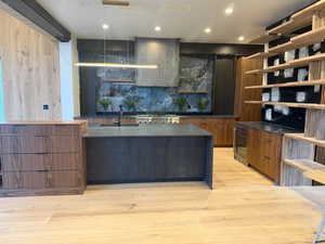 Kitchen featuring open shelves, modern cabinets, backsplash, light wood-style flooring, and beverage cooler