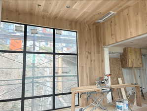 Construction update: Detailed view of wooden walls and wooden ceiling
