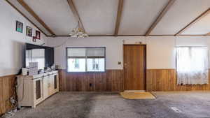 Kitchen with wooden walls, wainscoting, carpet flooring, plenty of natural light, and a textured ceiling