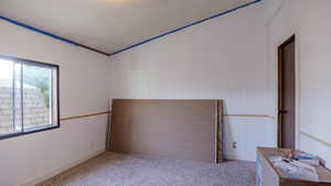 Spare room with light carpet, a decorative wall, and a textured ceiling