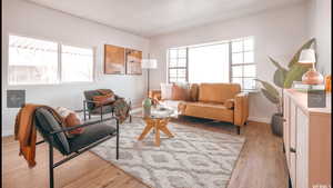 Living area with light wood-type flooring and baseboards