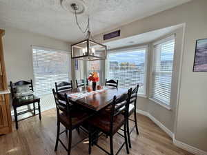 Dining space featuring light wood-style flooring, a textured ceiling, and a chandelier