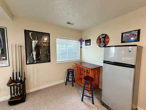 Living area with a textured ceiling and light carpet