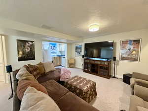 Living room with carpet floors and a textured ceiling