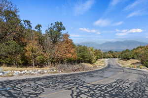 View of asphalt road featuring a mountain view and a view of trees