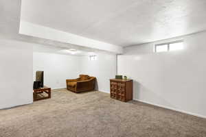 Living area with a textured ceiling, plenty of natural light, and carpet flooring