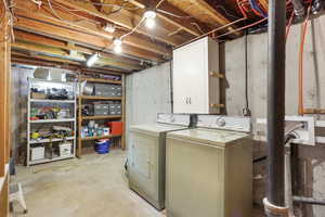 Unfinished basement featuring washer and clothes dryer