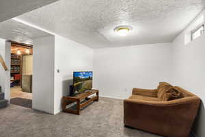 Living room featuring carpet, a textured ceiling, and stairs