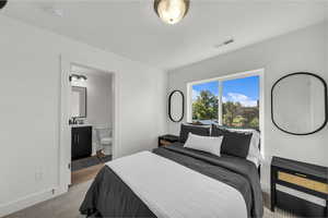 Bedroom featuring ensuite bathroom and light carpet