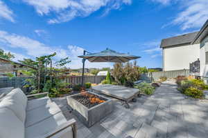 Fenced backyard with a patio area and an outdoor living space