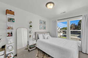 Bedroom with light colored carpet and a textured ceiling