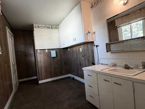 Washroom featuring wood walls and a sink