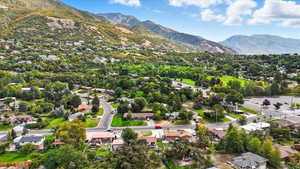 Aerial view of residential area with a mountain backdrop