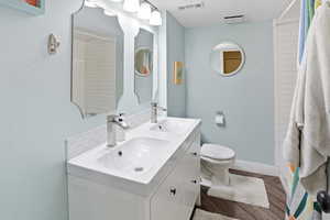 Full bathroom with dark wood-style floors, double vanity, and a shower with curtain