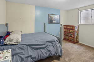 Bedroom with carpet floors and a textured ceiling