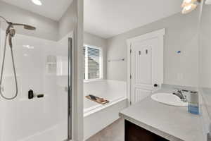 Full bath featuring a shower stall, a garden tub, and vanity
