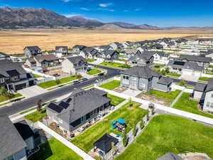 Aerial view of residential area with mountains