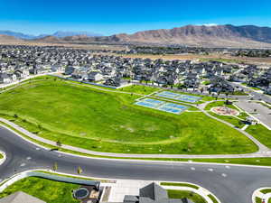 Aerial view of residential area with a mountainous background